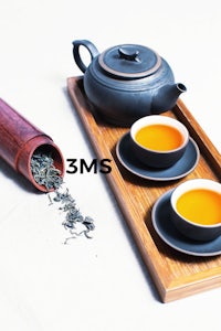 three cups of tea on a tray with the words 3ms