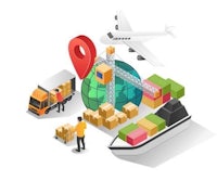isometric shipping concept with a plane, a ship and a truck