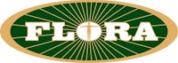 a green and gold logo with the word flora